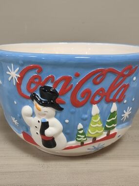 Coca-Cola Holiday Snowman Ceramic Bowl - Blue & White